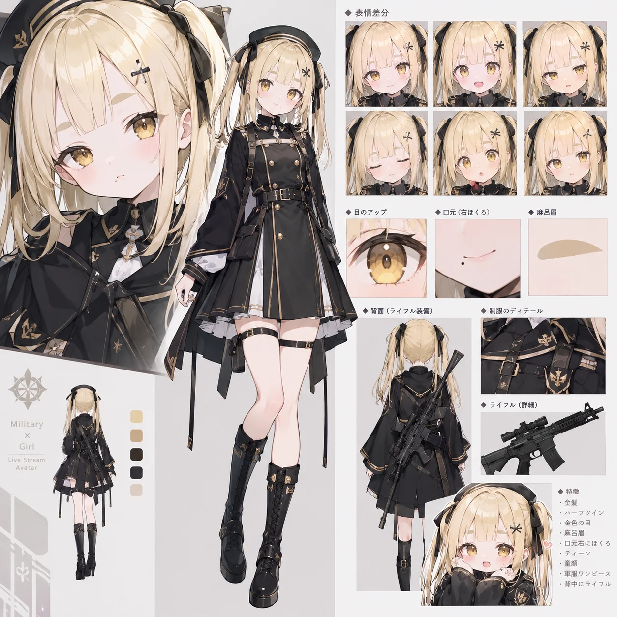 キャラクターの設定画。左上に顔のアップ、中央に全身の立ち絵、右上に表情差分6つ、その下に「目のアップ」「口元(右ホクロ)」「麻呂眉」「背面(ライフル装備)」「制服のディテール」「ライフル(詳細)」の拡大と特徴の一覧、左下に小さい背面とカラーパレット。黒のベレー帽に、金髪を黒のリボンで結び、正面の絵はハーフツイン、背面はツインテール。黒の軍服風ワンピースに黒のロングブーツ