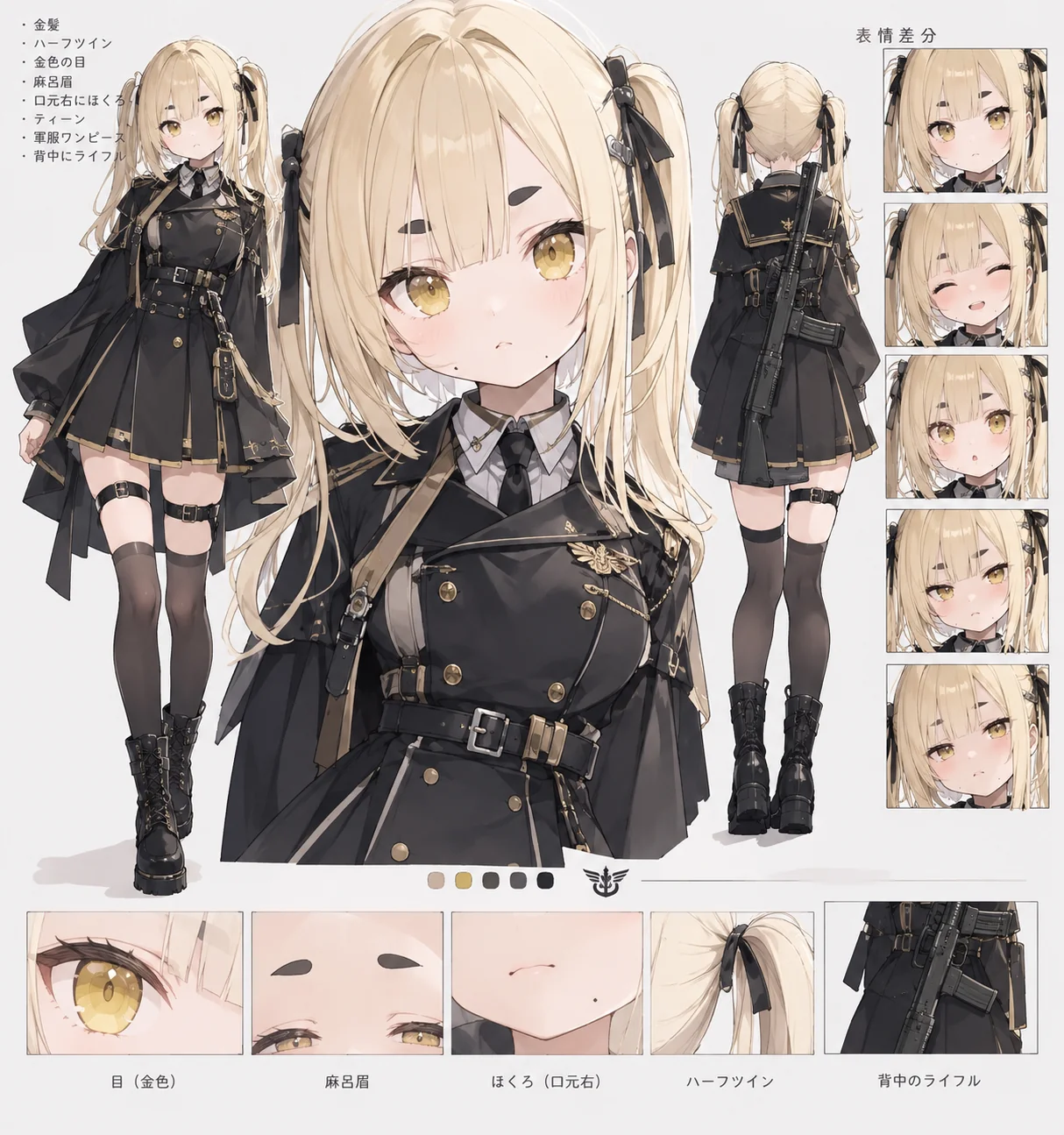 キャラクターの設定画。左上に指示した特徴の一覧と全身の立ち絵、中央に上半身のアップ、その右に背面、右端に表情差分5つ、下に「目(金色)」「麻呂眉」「ホクロ(口元右)」「ハーフツイン」「背中のライフル」の拡大とカラーパレット。金髪を黒のリボンで結び、正面の絵はハーフツイン、背面はツインテール。黒の軍服風ワンピースに黒のニーハイソックスと編み上げのブーツ