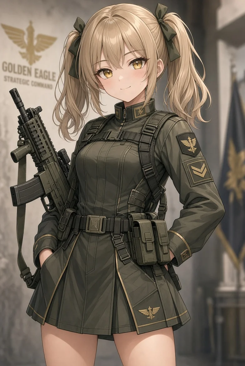 ぼかした基地の壁の前に立つ、太ももから上の姿。壁に「GOLDEN EAGLE STRATEGIC COMMAND」の文字と鷲の紋章。金髪のツインテールに深緑のリボン、金色の目で微笑み、両手をポケットに入れている。オリーブ色の軍服風ワンピースにハーネスとポーチ、肩からアサルトライフルを下げている
