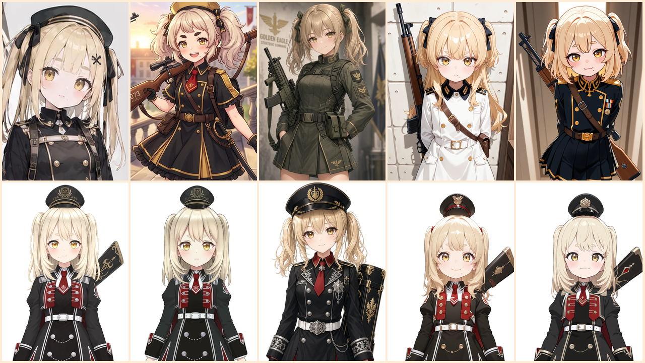 5つの AI で出力した、軍服風のワンピースを着た金髪の女の子の画像を5列2段に並べたもの。上の段がキャラデザ、下の段が参考画像から再生成した立ち絵で、左から ChatGPT・Gemini・Grok・PixAI・ComfyUI