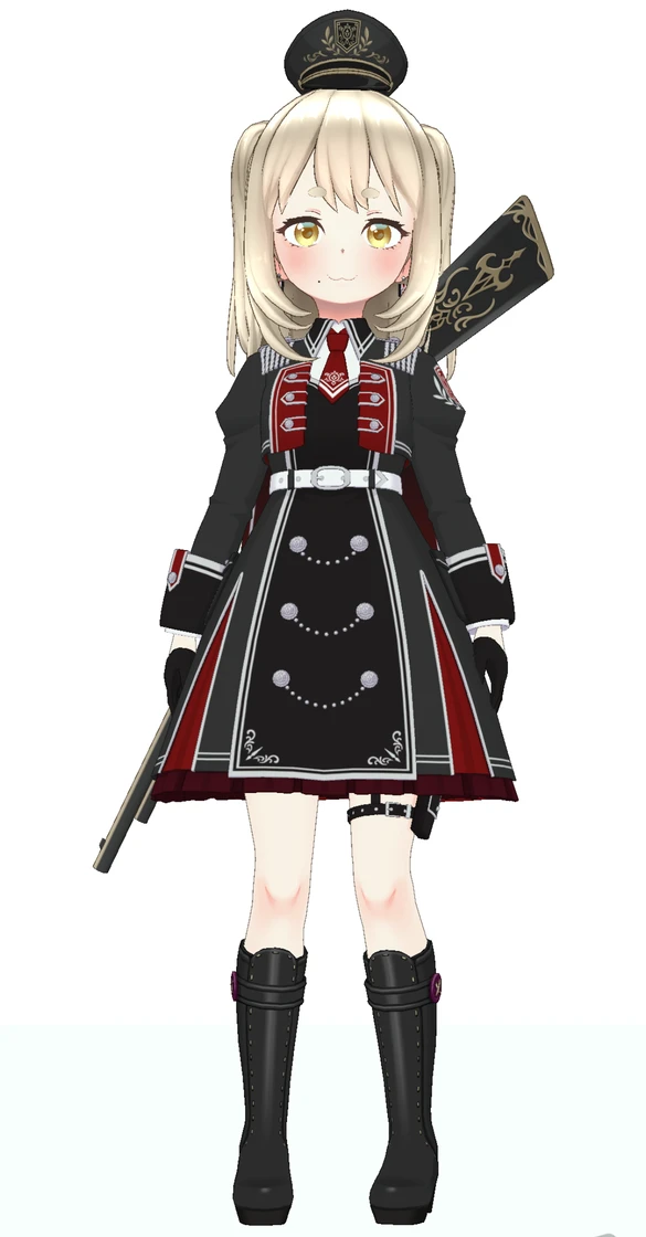 REALITY のアバターの全身。薄い金髪を左右で結び、頭の上に小さい黒の軍帽をのせた女の子。黒と赤の軍服風のワンピースに黒のロングブーツ、背中にライフルを背負っている