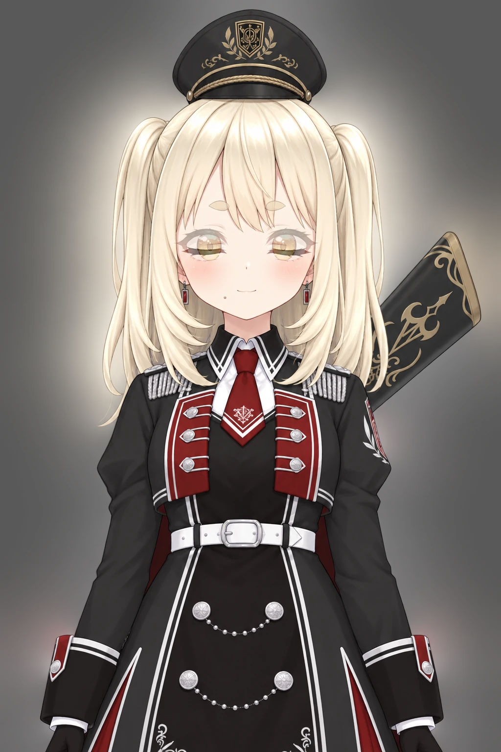 元の画像と、目を閉じた画像を重ねて片方を半透明にしたもの。目のところだけ開いた目と閉じた目が重なって見え、髪・軍帽・服・ライフルの輪郭は二重にならずに重なっている