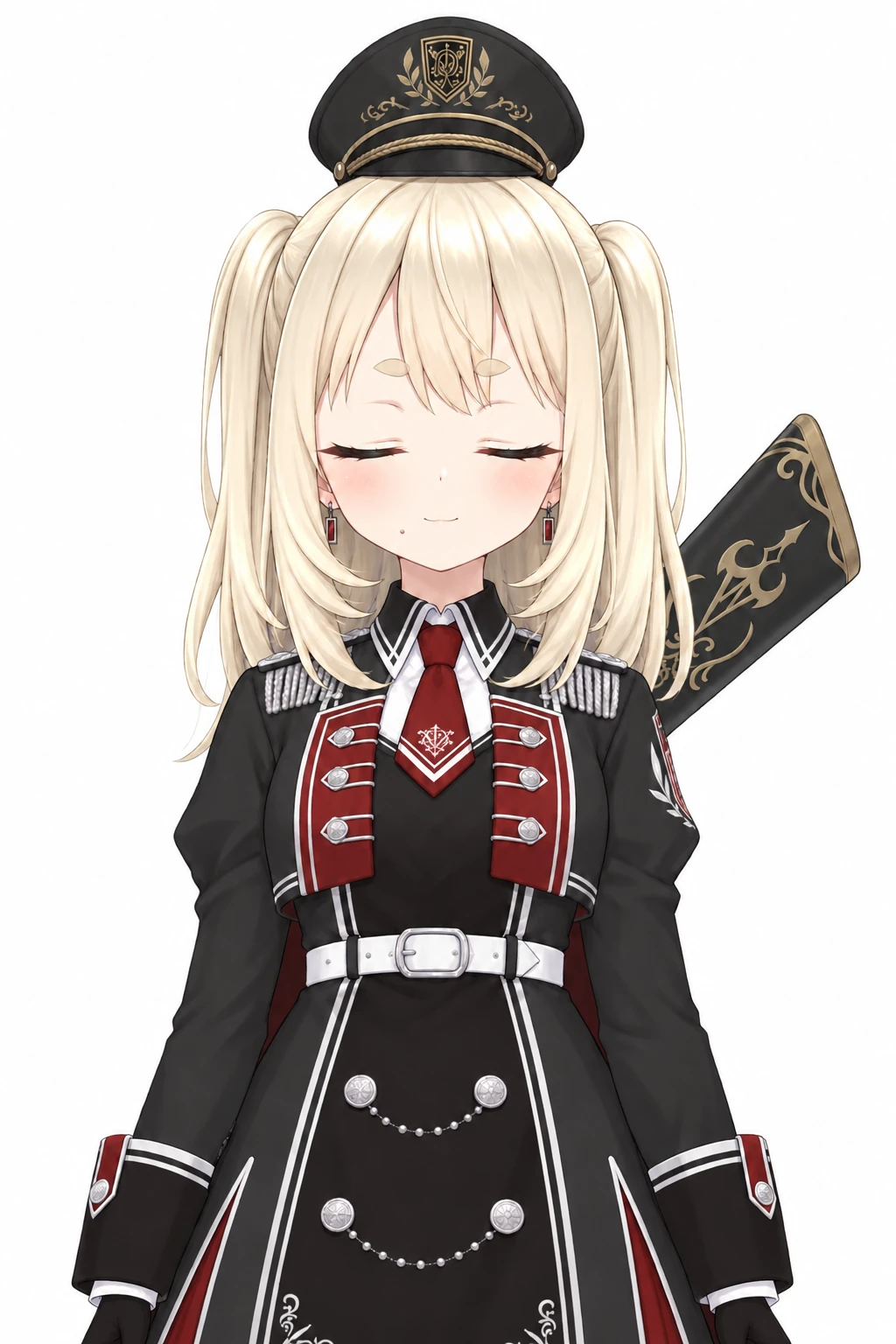 白い背景に、左の画像と同じ位置と大きさで、目だけを閉じて微笑んでいる姿。閉じた目の線は元の目とほぼ同じ幅で、目尻が跳ね上がっている