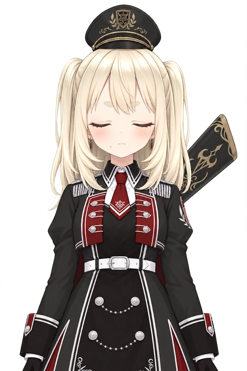 白い背景に、腰から上の正面の姿で、目を閉じている。口元は微笑みではなく、口角の下がった真一文字の口になっている。肩下までの金髪のツーサイドアップ、口元右にホクロ。黒の軍帽、黒と赤の軍服風ワンピースに赤のネクタイと白のベルト、背中に黒と金の装飾のライフルを背負っている
