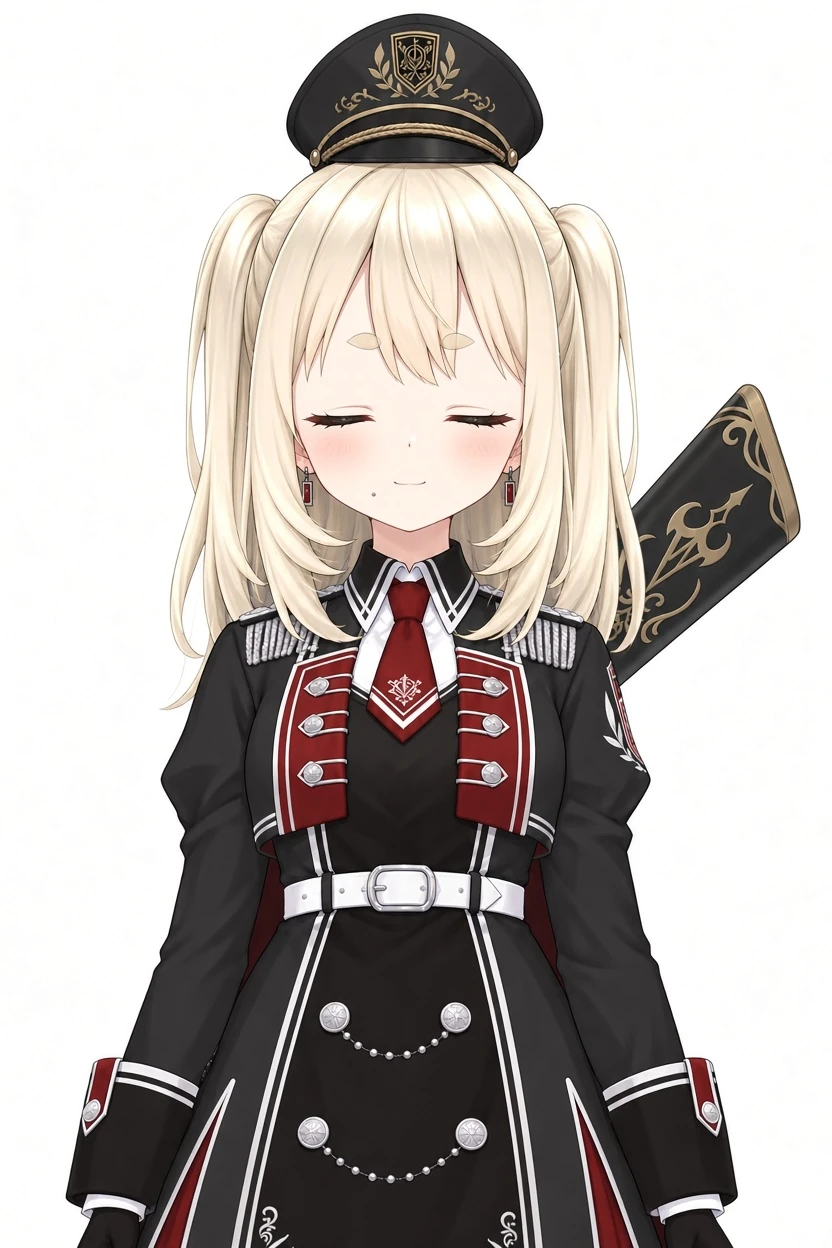 白い背景に、腰から上の正面の姿で、目を閉じて口を閉じて微笑んでいる。肩下までの金髪のツーサイドアップ、口元右にホクロ。黒の軍帽、黒と赤の軍服風ワンピースに赤のネクタイと白のベルト、背中に黒と金の装飾のライフルを背負っている