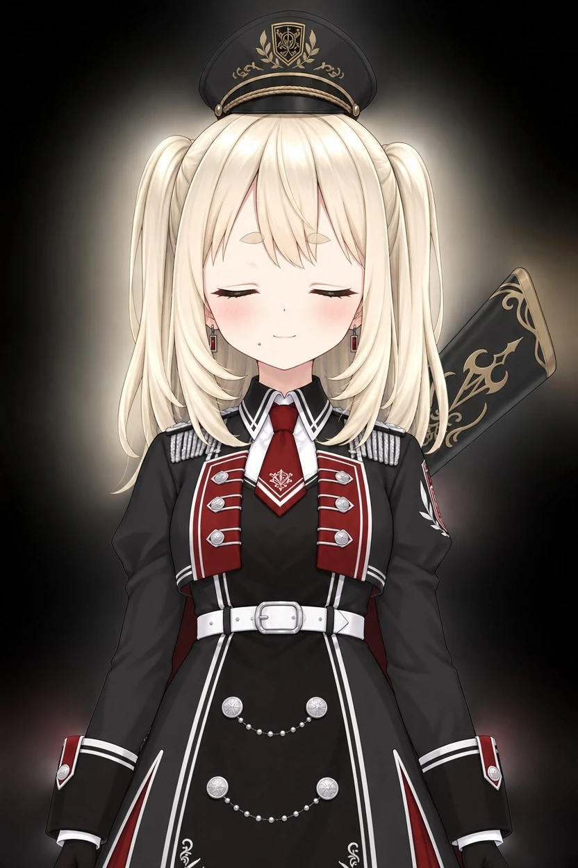 黒の背景に、キャラクターの周りがぼんやり明るく光っている。腰から上の正面の姿で、目を閉じて口を閉じて微笑んでいる。肩下までの金髪のツーサイドアップ、口元右にホクロ。黒の軍帽、黒と赤の軍服風ワンピースに赤のネクタイと白のベルト、背中に黒と金の装飾のライフルを背負っている