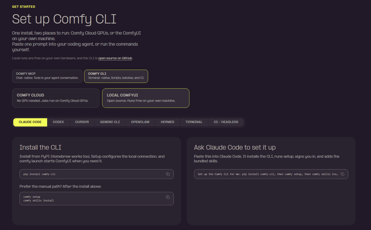 comfy.org/cli の画面。Comfy CLI と Local ComfyUI が選ばれている