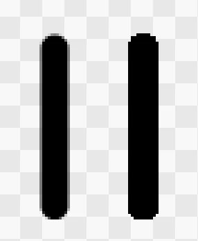 透明な背景に描いた黒い縦線2本の拡大。左のアンチエイリアスがオンの線は縁に灰色が入って滑らか、右のオフの線は縁がギザギザ