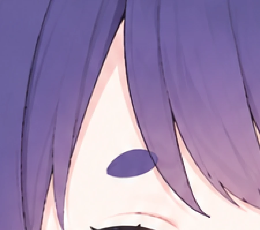 図形の曲線で描き直した前髪の線。線は1色の濃い紫で、周りの髪の色と合っていない