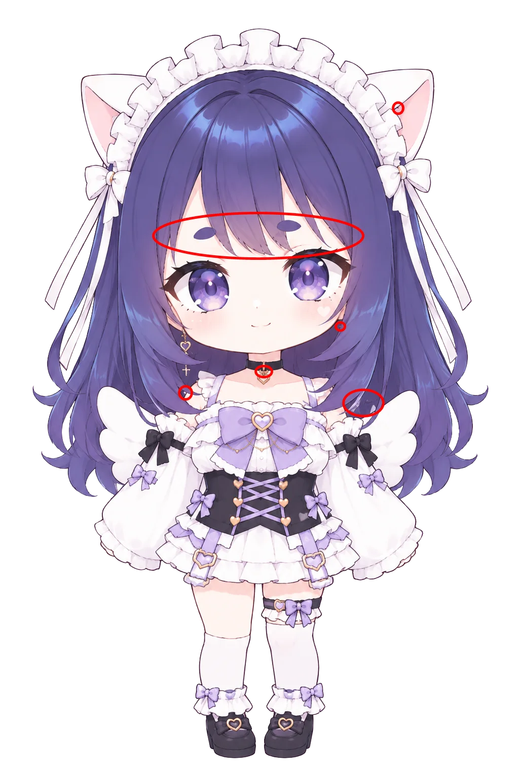 背景を消したキャラクターの画像に、気になる箇所が赤丸で囲まれている。右の猫耳、両方の眉と前髪、右の頬の横、チョーカーの金具、左肩の髪の先、右肩の髪と羽の間