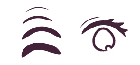 「両端の筆圧をゼロにする」にチェックを入れてマウスで描いた線。左は太さの違う弧が4本で、どれも両端が細くなっている。右は同じ線で描いた、まつげと瞳の輪郭の目
