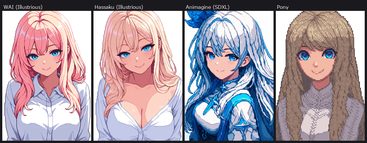 同じ LoRA を4つのモデルに当てた比較。Illustrious 系の2つ、SDXL 系、Pony 系