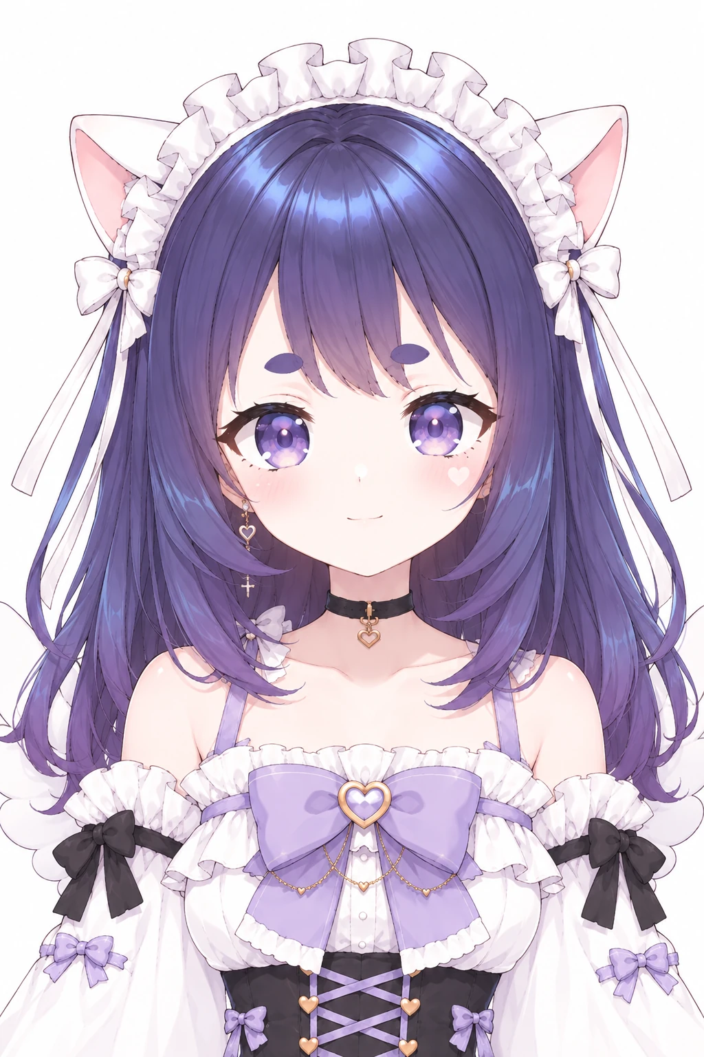 ChatGPT で生成した、紫の髪に猫耳とメイドのヘッドドレスを付けた女の子。正面を向いて、口を閉じて微笑んでいる
