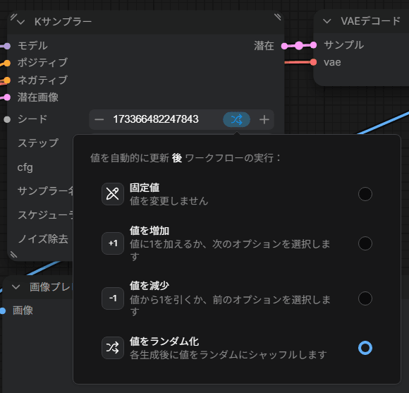 「Kサンプラー」のシードの右のアイコンで開く、固定値・値を増加・値を減少・値をランダム化の選択肢